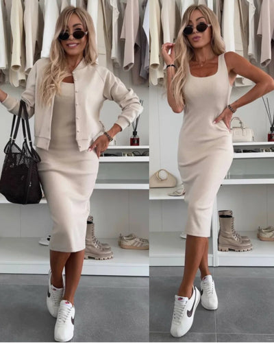 Karin™ | Ensemble Robe Midi Ribbels & Veste Bomber