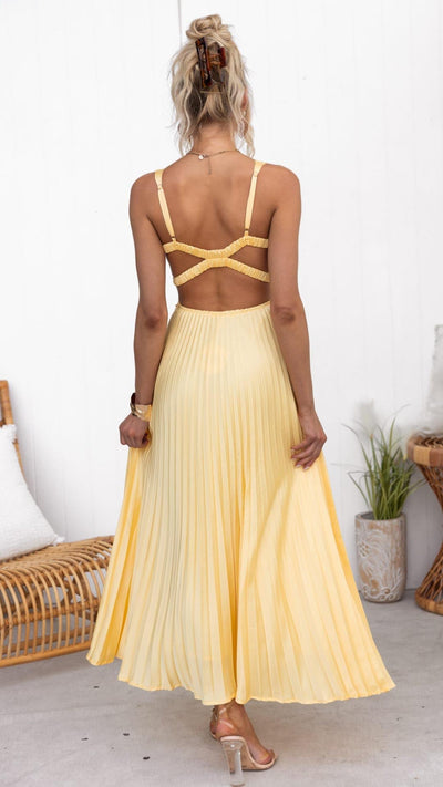 Aby - Maxi Pleated Dress Yellow with V-Neck